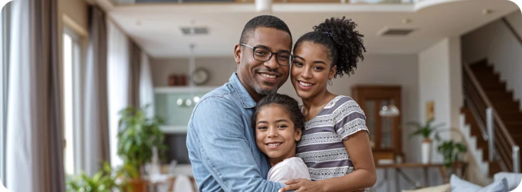A happy family of three—a father with glasses, a mother with curly hair tied back, and their young daughter—smile warmly while hugging in their living room. The background shows a modern, spacious home interior with a staircase and indoor plants.