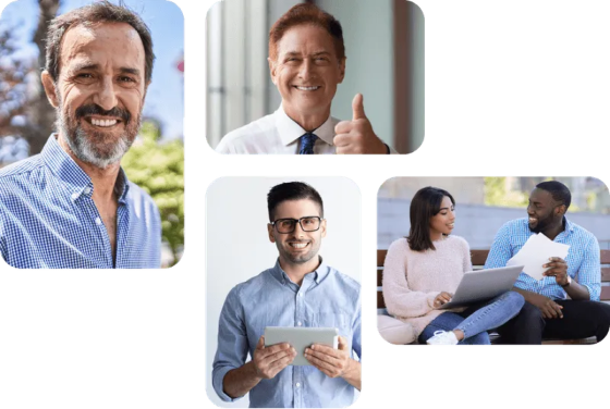 A collage featuring four separate portraits/scenes: (1) A smiling, bearded, middle-aged man outdoors. (2) A smiling man in a white shirt and tie giving a thumbs-up. (3) A smiling young man wearing glasses and a blue shirt holding a digital tablet. (4) A young man and a young woman sitting outside, looking at a laptop and documents together.
